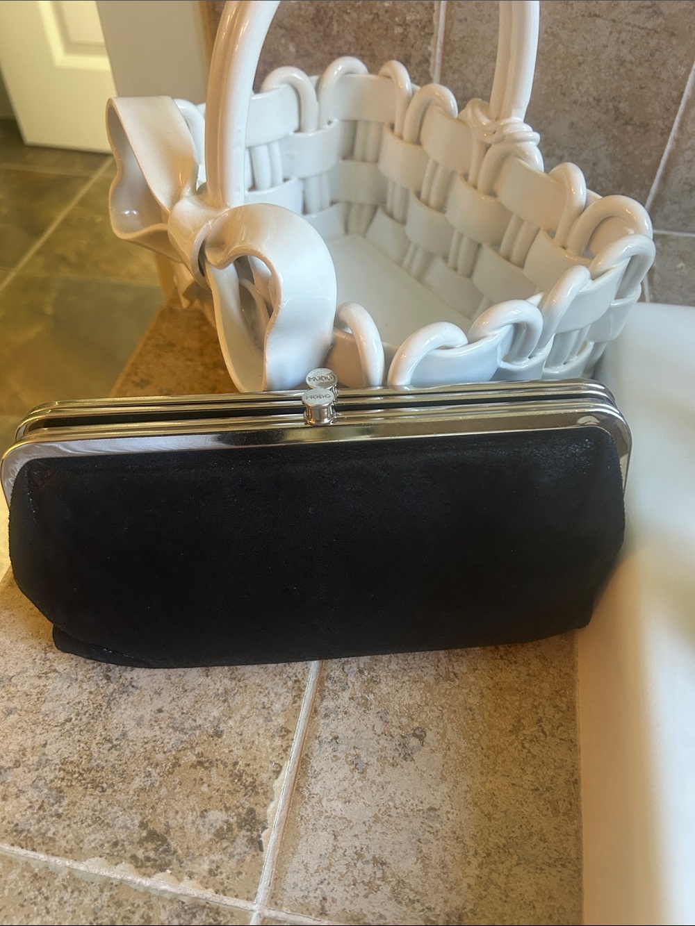HOBO Black Suede Frame Wallet with Silver Trim
